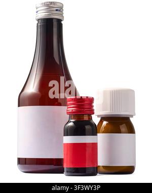 various blank medicine bottles isolated white background, brown glass containers with metal and plastic caps and empty labels, side view in close-up Stock Photo