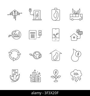 A set of 16 linear outline icons showcasing smart eco-friendly homes, public transit, carbon reduction, recycling, and sustainable urban design. Stock Vector