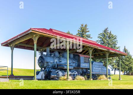 Weathered green steam locomotive displayed outdoors at Cité du Train in ...