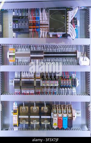 Inside view of an electrical control panel featuring a programmable logic controller, relays, terminal blocks, and organized wiring for industrial fac Stock Photo