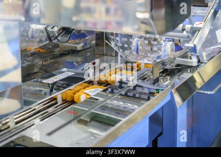 Blocks of dried instant noodles moving along a conveyor belt through an automated packaging machine in a modern food manufacturing plant. Stock Photo