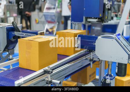 Cardboard boxes moving on a conveyor belt past an automated industrial printing machine applying barcodes and text in a modern logistics or manufactur Stock Photo