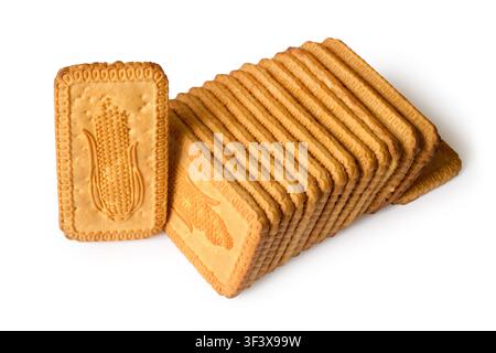 Lots of rectangular cookies on a white background. Cookies with the image of corn. Stock Photo