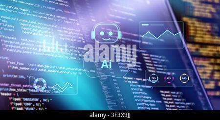 Automated business intelligence and machine learning concept. Holographic HUD with AI bot, statistics charts and financial metrics on computer screen. Stock Photo