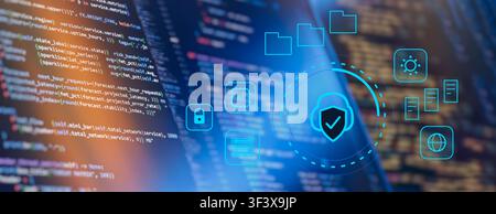 Cloud security, AI and data protection concept interface over programming code. Stock Photo