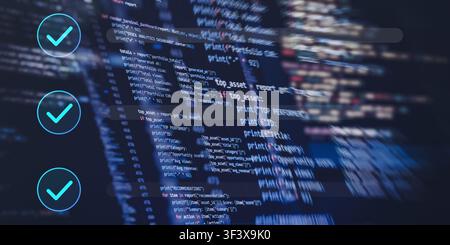 Automated software testing and successful execution concept. Glowing checkmarks overlaying dynamic high-speed FinTech programming code on a panoramic Stock Photo
