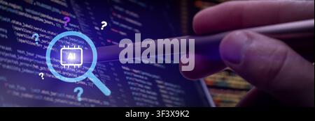 Artificial intelligence code review and debugging concept with a hand using a digital magnifying glass to inspect programming code. Stock Photo