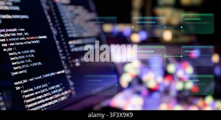 Data pipeline and algorithm mapping concept. Abstract process automation blocks over complex developer script background. Stock Photo