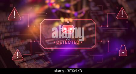 AI content detection and plagiarism checker warning concept. Red holographic interface on dark coding background, panoramic banner. Stock Photo
