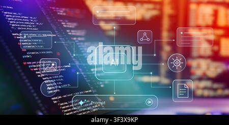 Automated content creation and smart search interface. Holographic AI dashboard with prompt bar and data algorithm connections. Stock Photo