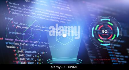 Hacker attack and server overload concept. Glowing digital interface with error 404, high RAM usage warning, and predictive analytics software code. Stock Photo