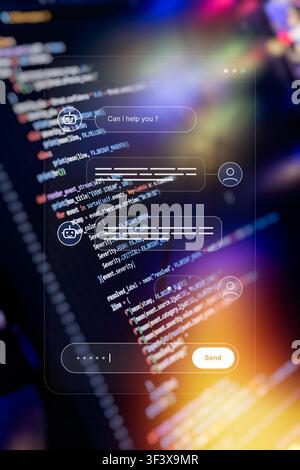 AI chatbot and automated customer support concept. Futuristic mobile app UI with chat bubbles over blurred programming code background. Stock Photo
