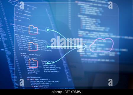 Futuristic cloud data migration concept featuring digital folders, connected data flow arrows, cloud storage icon and programming code screens, repres Stock Photo
