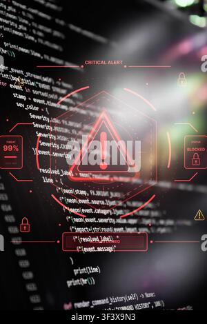 A dramatic and high-tech conceptual image representing cyber security, system threats, and digital defense. Stock Photo