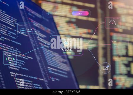 Futuristic artificial intelligence software development concept featuring programming code, AI core dashboard, API integration, cloud synchronization, Stock Photo