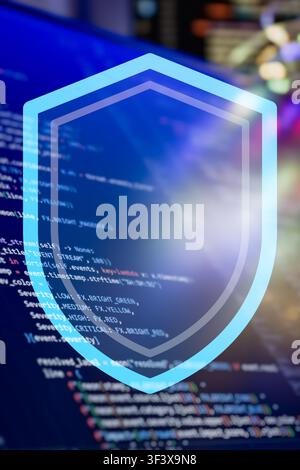 A high-tech digital concept image representing cybersecurity, data protection, and safe coding. Stock Photo