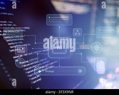 Set against a blurred background of software programming code, this image is perfect for illustrating generative AI technology Stock Photo