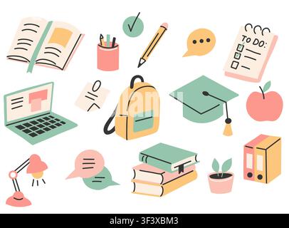 Collection of vector clip art on the theme of school. Back to school. Set of illustrations on the topic of education and learning in a flat style Stock Vector