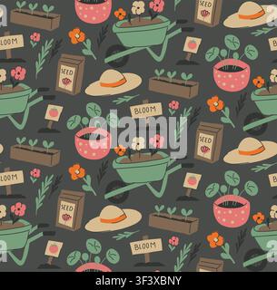 Vector seamless pattern with gardening elements in a naive style on dark background. Gardening and horticulture texture for wallpaper and fabric. Stock Vector