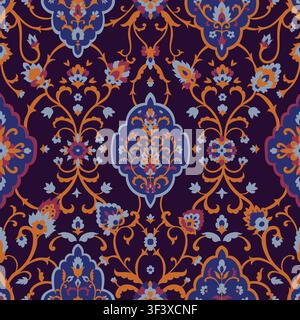 Dark Purple Orange Floral Damask Motif Stock Vector