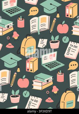 Back to school. Vector seamless pattern with school objects. Education and learning. Texture with backpack, books, lamp, laptop in flat style Stock Vector