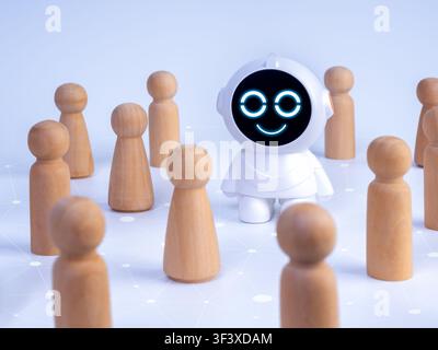 Friendly cute robot assistant connecting with people in digital network. AI collaboration, human smart interaction, intelligent communication, teamwor Stock Photo