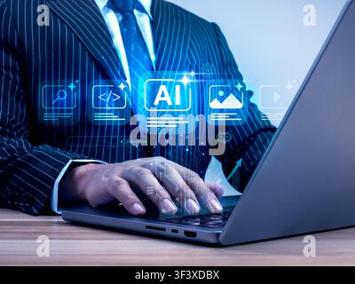 Business professional using AI content management platform on laptop for content creation, workflow automation, digital media production, productivity Stock Photo