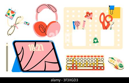 Cute study desk workplace set illustration Stock Vector