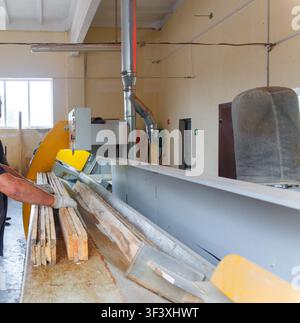 Worker cutting wooden planks on a bandsaw machine inside a sawmill workshop, lumber processing line with sawdust, boards on conveyor and industrial ve Stock Photo
