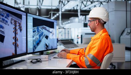 Industrial Engineer Uses 3D Software To Design Efficient Factory Floor Layout. Stock Photo