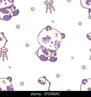 Seamless Pattern with Cute Panda Reading Book on White Background with Table Lamp and Star. Kawaii Cartoon Cozy Character. Vector Illustration. Kids Stock Vector