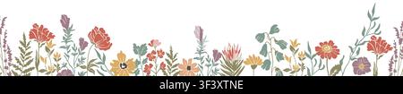 Soft floral border with pastel blooms and greenery Stock Vector