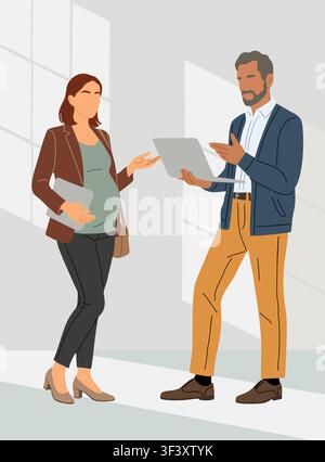 Two professionals converse in the office corridor Stock Vector