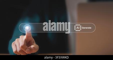 Businessman touching virtual search bar with AI Generate icon, artificial intelligence technology concept. Stock Photo