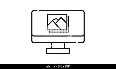 Desktop computer with photo gallery symbol on screen vector icon. Black line art style on white background. Image editing, photography, and graphic de Stock Vector
