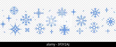 Pixel winter snowflake border, seasonal blue crystal seamless decorative elements in pixel art. Holiday simple flakes 90's aesthetics. Retro pixilated 8 bit game. Vector illustration Stock Vector