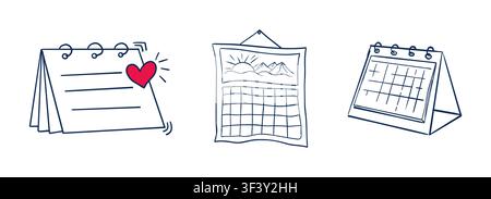 Calendar sketchy planner icon doodle grid icon, hand drawn. Hanging desk line schedule set. Reminder and calendar with a check. Vector illustration Stock Vector