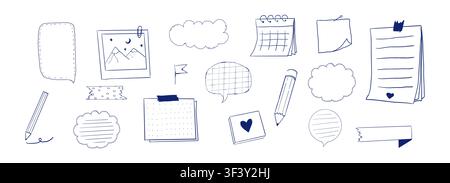 Memo sticky notes, set paper reminder with pen, speech bubbles. Doodle pages with tape, marks, pin, paperclip frames doodle style. Notebook bullet dairy list, funny retro drawing. Vector illustration Stock Vector