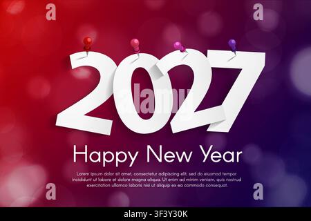 New Year 2027 concept with paper cuted white numbers on colored pins on realistic Christmas bokeh lights decorations on red and purple background. For Stock Vector