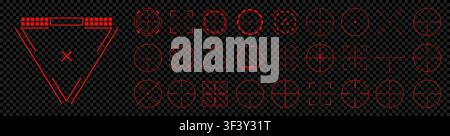 Crosshair red aim hud big set isolated. Aiming bullseye signs icons pack. Sniper weapon scope shooting games template. Crosshair military hud red focu Stock Vector