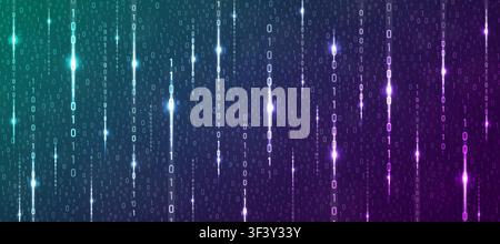 Binary rain cyan and purple cyber background. Matrix style futuristic high-tech backdrop. Technology computer numbers network pattern. Futuristic prog Stock Vector