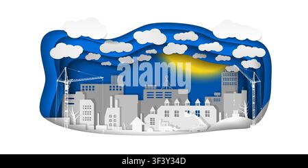Industrial European vintage styled city under construction. Paper layered art paper cutout card. Origami style blue and white background. Vector illus Stock Vector