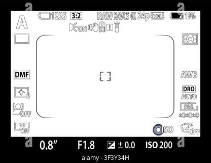 Modern photo of videocamera focusing screen isolated - digital, mirorless, DSLR, cameraphone. Viewfinder camera recording isolated on white background Stock Vector