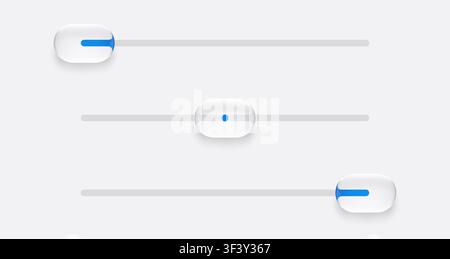 Realistic glassmorphism style On and Off toggle three-position switch glass buttons. Basic IU mockup elements isolated on white bakground. Blur grass Stock Vector