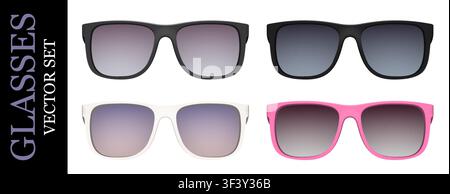 Realistic modern style glasses mockup pack isolated on white background. Sunglasses, vision, frame, lens, vintage eyeglasses in front view. Vector ill Stock Vector
