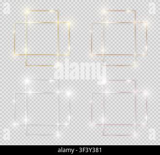 Yellow and pink gold, silver and bronze shiny glowing vintage frames with shadows pack isolated on transparent background. Golden luxury realistic rec Stock Vector