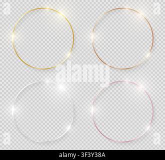 Yellow and pink gold, silver and bronze shiny glowing vintage frames with shadows pack isolated on transparent background. Golden luxury realistic rou Stock Vector
