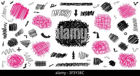 Set of black and pink grunge doodle hand drawn scribble shapes textures, curves and arrows isolated on white. Sketch style ink symbols collection. Vec Stock Vector