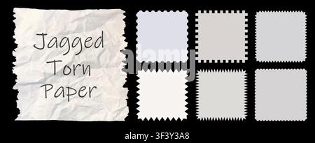 Zig zag style edge square frames set. White jagged rectangular elements graphic design elements pack isolated on black background. Vector illustration Stock Vector