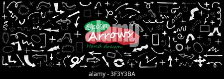 Big pack of black grunge doodle hand drawn arrows, plus signs and border frames isolated on black background. Sketch style ink symbols collection. Vec Stock Vector